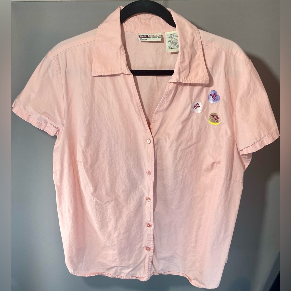 Valentines Day vintage Faded Glory candy hearts pink button down blouse